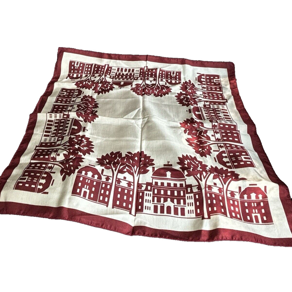 Buildings & Trees Square Scarf Pure Silk Garnet & Cream Tones By WM Chelsea 21"